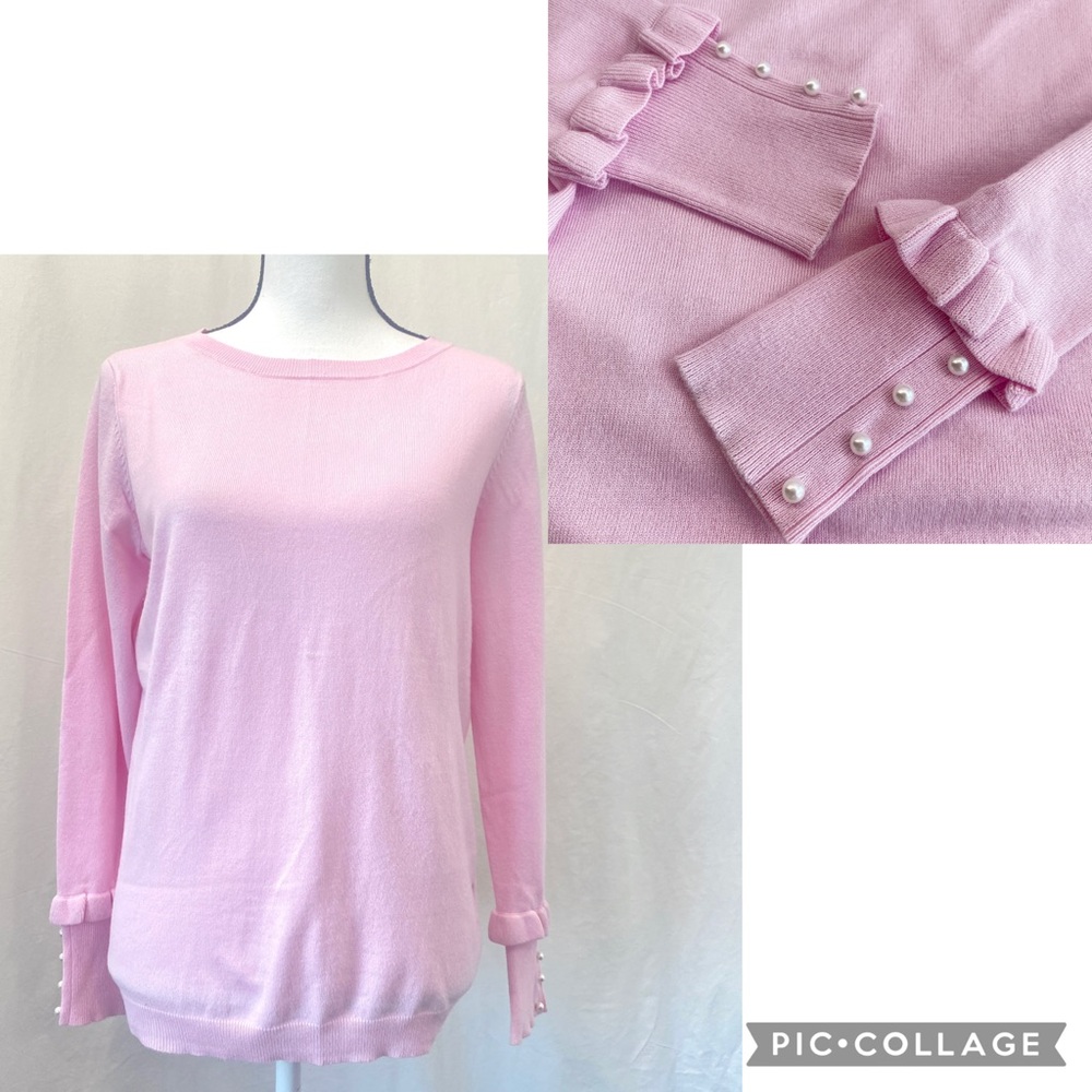 Joseph A. petite medium pink crewneck sweater ruffle cuffs faux pearl button